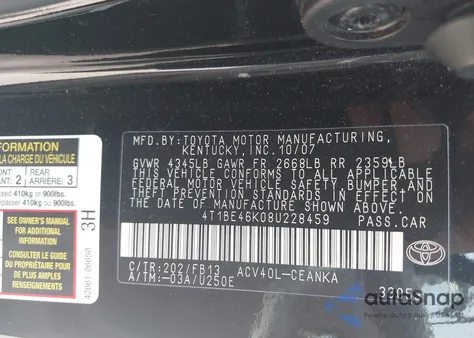 2008 Toyota Camry Ce/Le/Xle/Se from USA, damaged, VIN 4T1BE46K08U228459